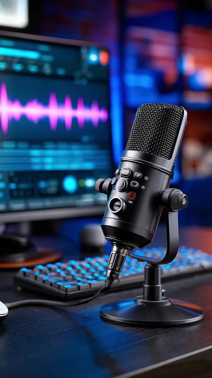 A microphone sitting on top of a desk next to a computer