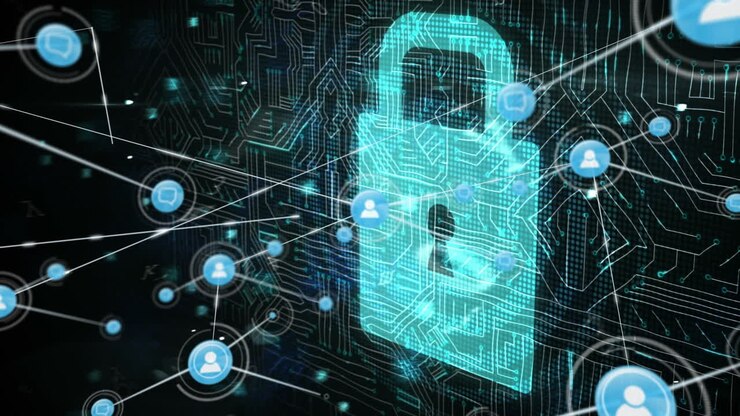 Animation of network of connections and padlock icon over black background