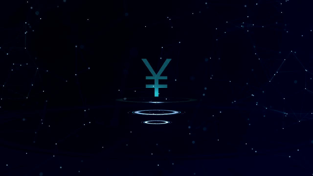 3d 일본 엔 기호: 인터넷 연결과 함께 우주 파란 사이버 공간 배경, 엔은 세 개의 가상 반이는 원에 있습니다.