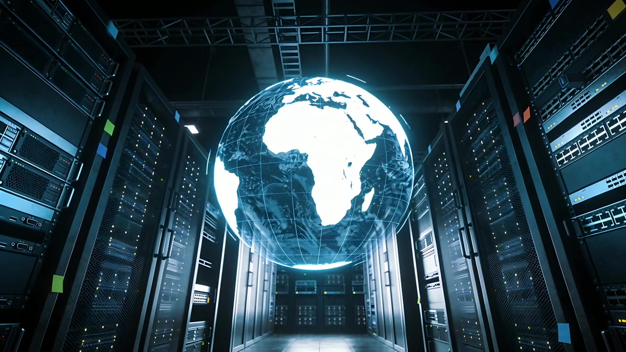 Activating holographic globe rotating and pulsing between server racks, showing global network flow