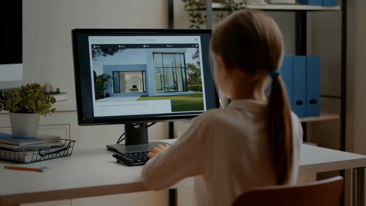 Child Interacting with Computer Displaying Modern House Design