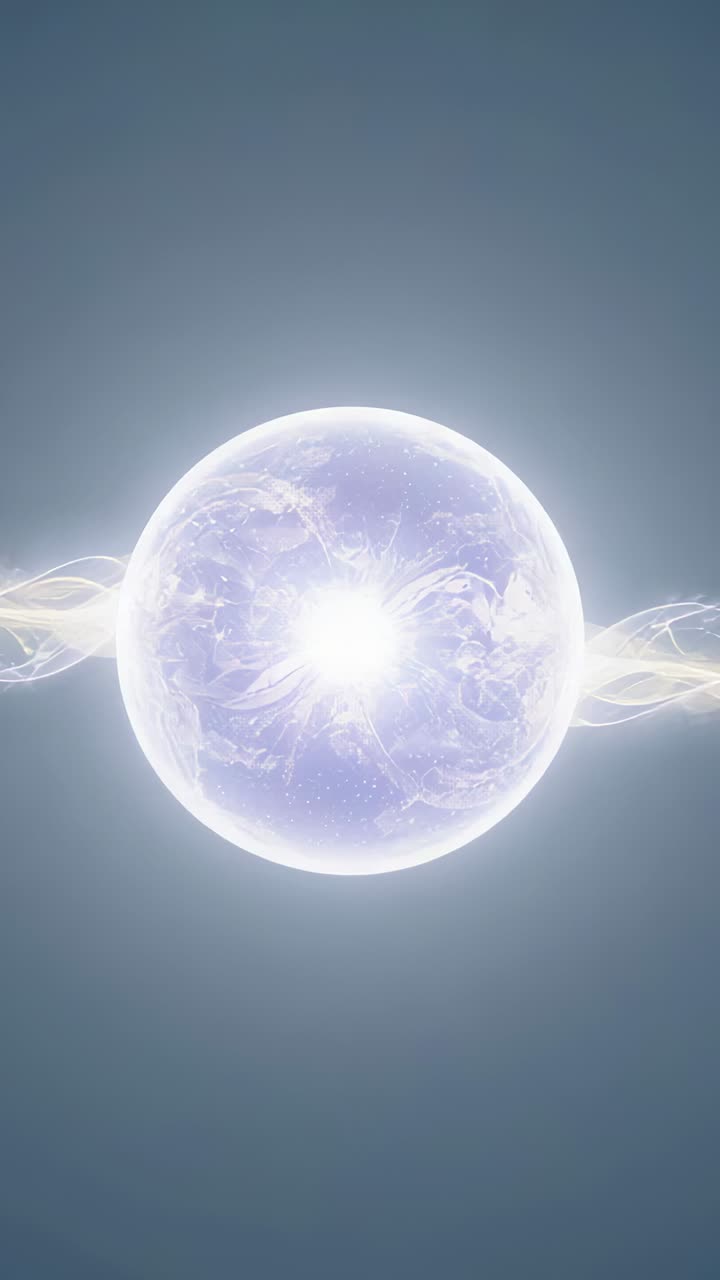 Vertical video: Pulsing core driving orb shifting threads and twisting ribbons in bluish backdrop