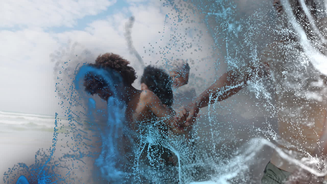 Family group walking along shoreline in travel marketing, with blue water splash swirling around
