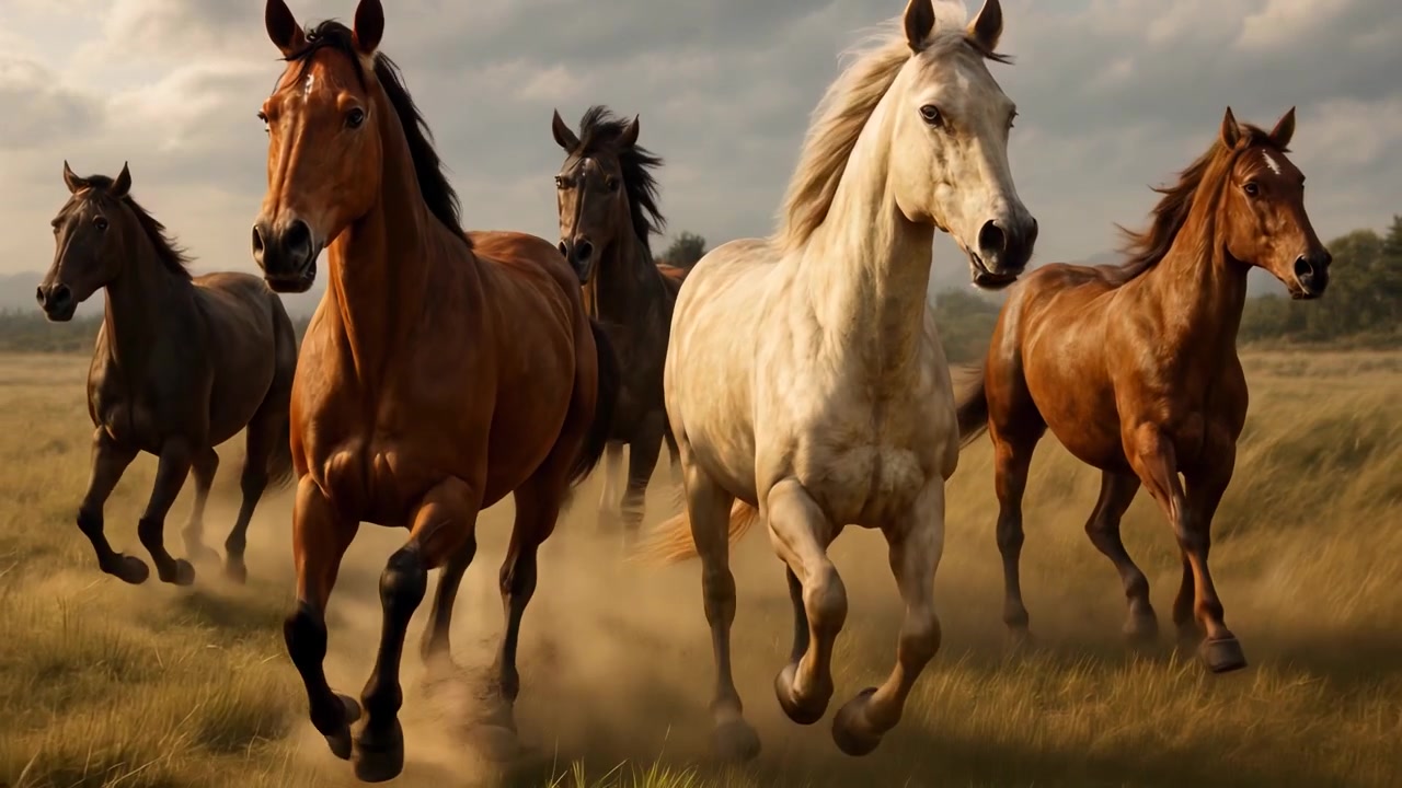Group of Horses Galloping Across an Open Field