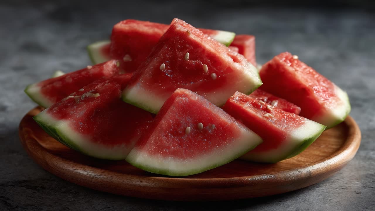 A Deliciously Juicy Watermelon Displayed on a Wooden Plate, Perfectly Sliced to Showcase Its Bright Pink Flesh and Fresh Green Rind for All Fruit Lovers