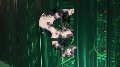 animación digital en la nube sobre racks de servidores verdes en el centro de datos
