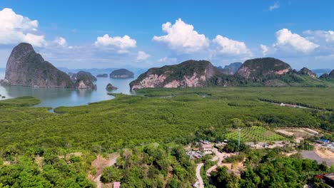 drone footage captures stunning aerial views of phang nga bay's lush mangroves and limestone islands under clear blue skies