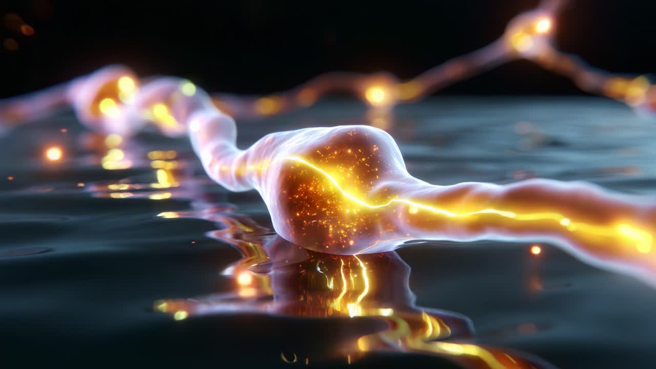 A Stunning Close-Up of a Neuron in Motion, Showcasing the Intricate Network of Synapses Connected by Glowing Energies and Awash in Reflective Water, Capturing the Essence of Neural Activity