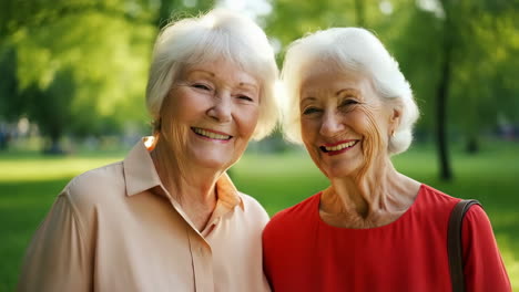 two happy elderly women embracing in a park