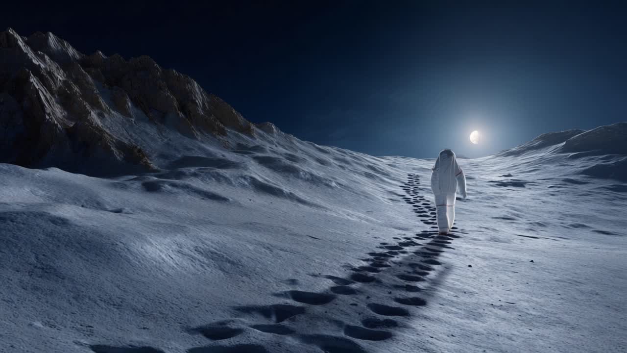 Ein Astronaut durchquert eine verschneite Mondlandschaft unter einem hellen Mond und hinterlässt Fußspuren im kalten, trostlosen Gelände einer außerirdischen Umgebung.