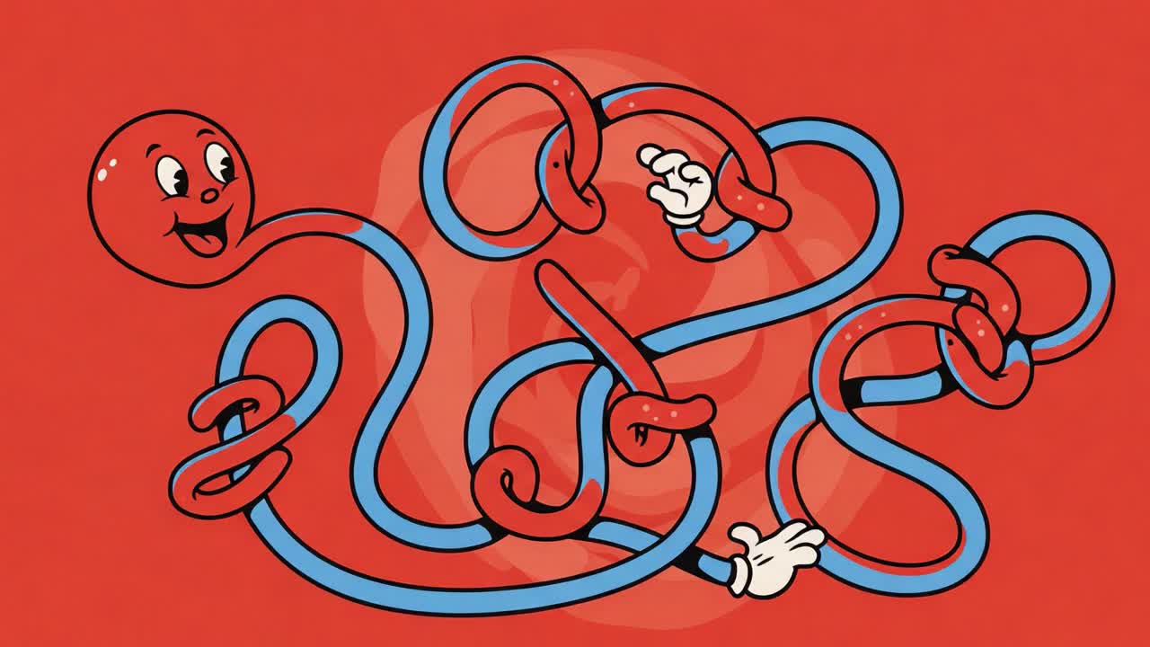 A Playful Character Entwined in Colorful Loops of Blue and Red, Radiating Joy while Interacting with Dynamic Lines Against a Bold Background