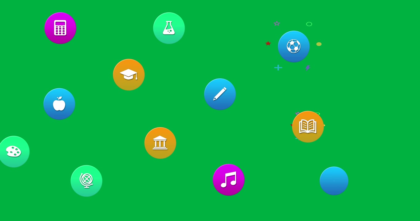 Animazione di icone educative che fluttuano su sfondo trasparente