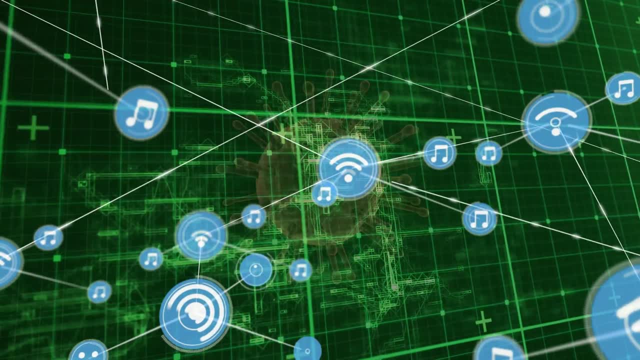 red de iconos digitales sobre red de rejilla contra covid-19 celulares girando en fondo verde