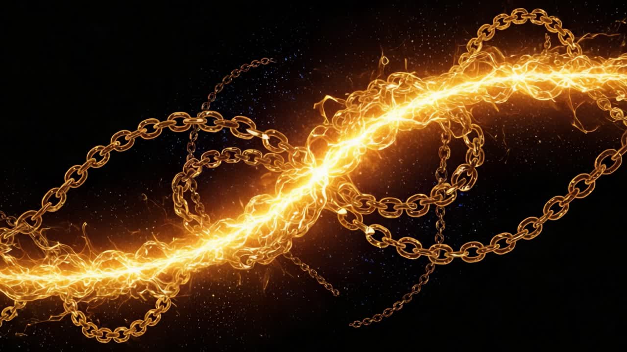A Breathtaking Visual of Glowing Chains in Motion, Highlighting the Dynamic Energy and Fluidity of Intertwined Links Against a Dark Background