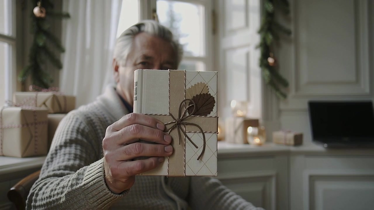 Lifting senior man holding wrapped gift toward camera at window table, wearing cardigan for holiday