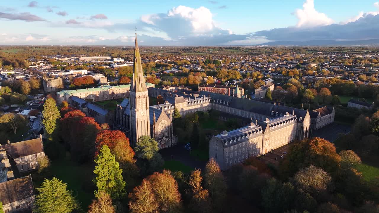 Drone panorama around chapel tower and St. Patrick's College, Maynooth University, Ireland