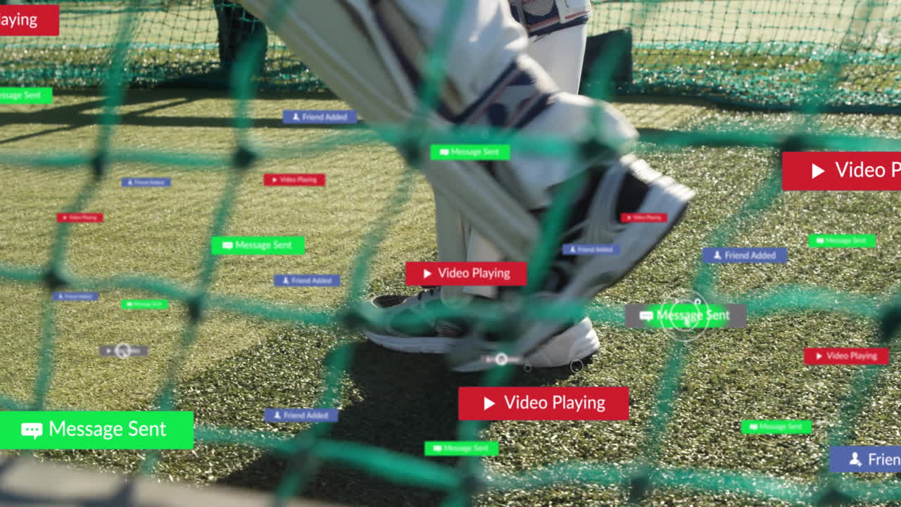 Practicing cricket on green field, player with digital notifications animation