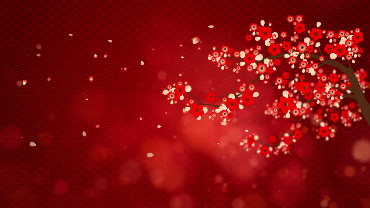 계절 인사말 비디오 배경 및 비디오 프리젠 테이션을위한 중국 장식 및 장식으로 봄 축제 디지털 입자 배경으로도 알려진 구정