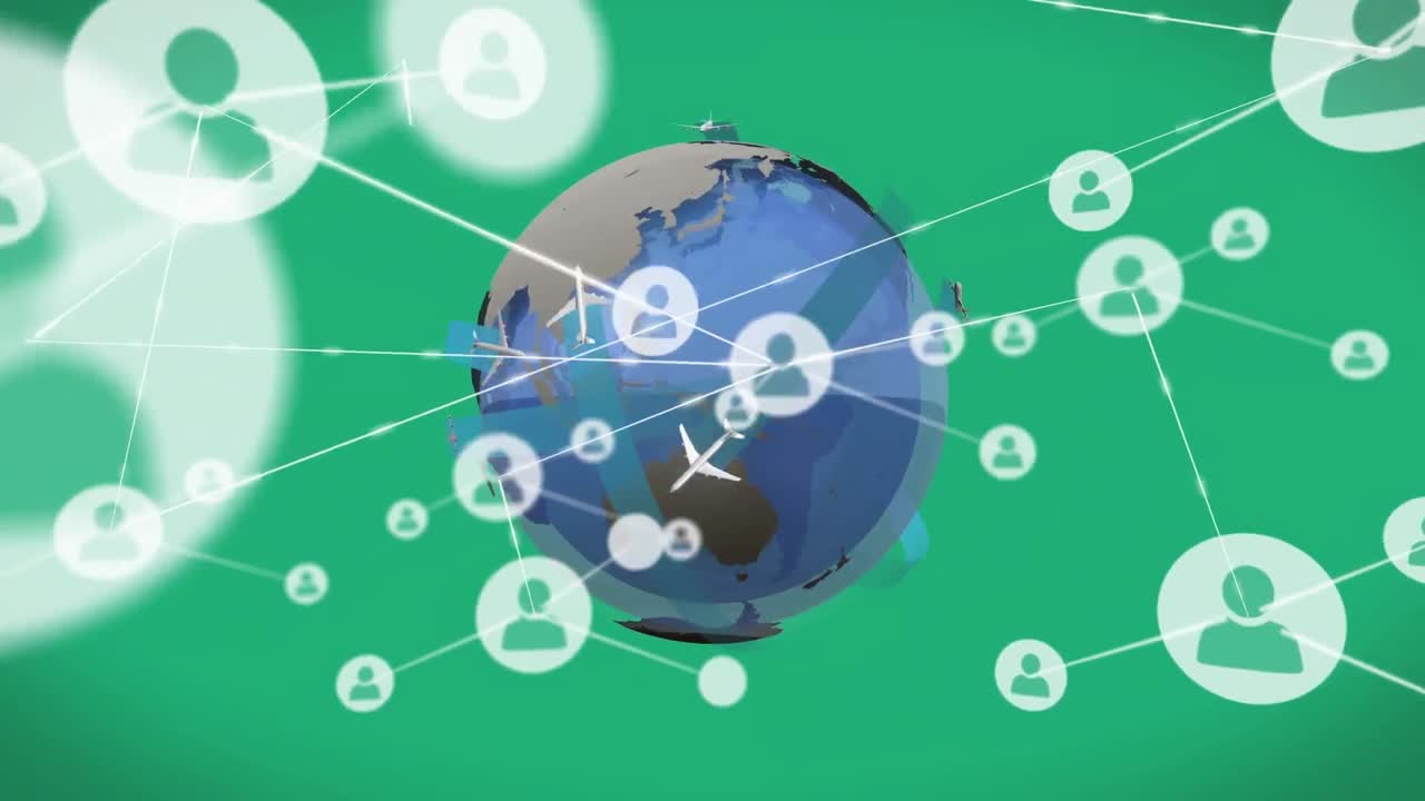 녹색 배경에 전 세계를 돌아다니는 연결된 사람들의 아이콘과 비행기의 애니메이션