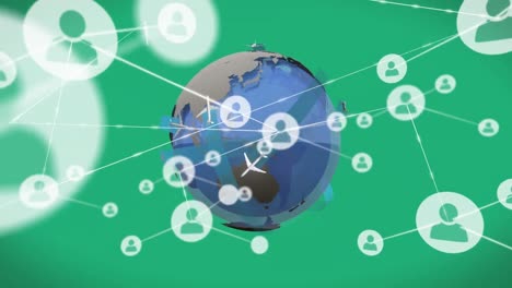animación de personas conectadas iconos y aviones volando alrededor del mundo sobre fondo verde