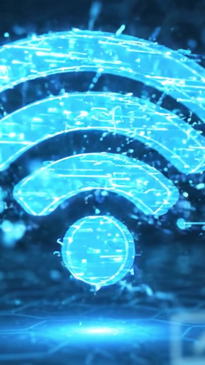Et futuristisk digitalt miljø, der viser et Wi-Fi-signal, der udgår fra en bærbar computer, og fremhæver forbindelser og datatransmission i en højteknologisk ramme.