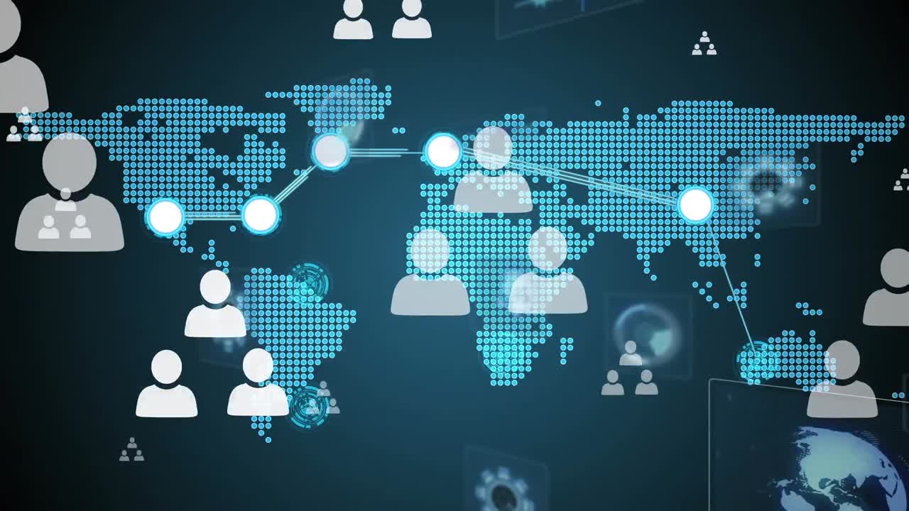 Video of map and network of connections over dark background