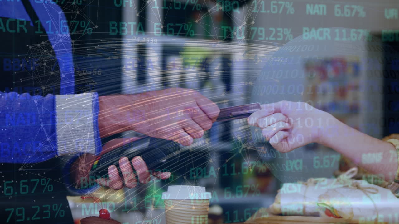 カウカシア人女性と男性の手の上で金融データのアニメーション 支払いターミナルを使用