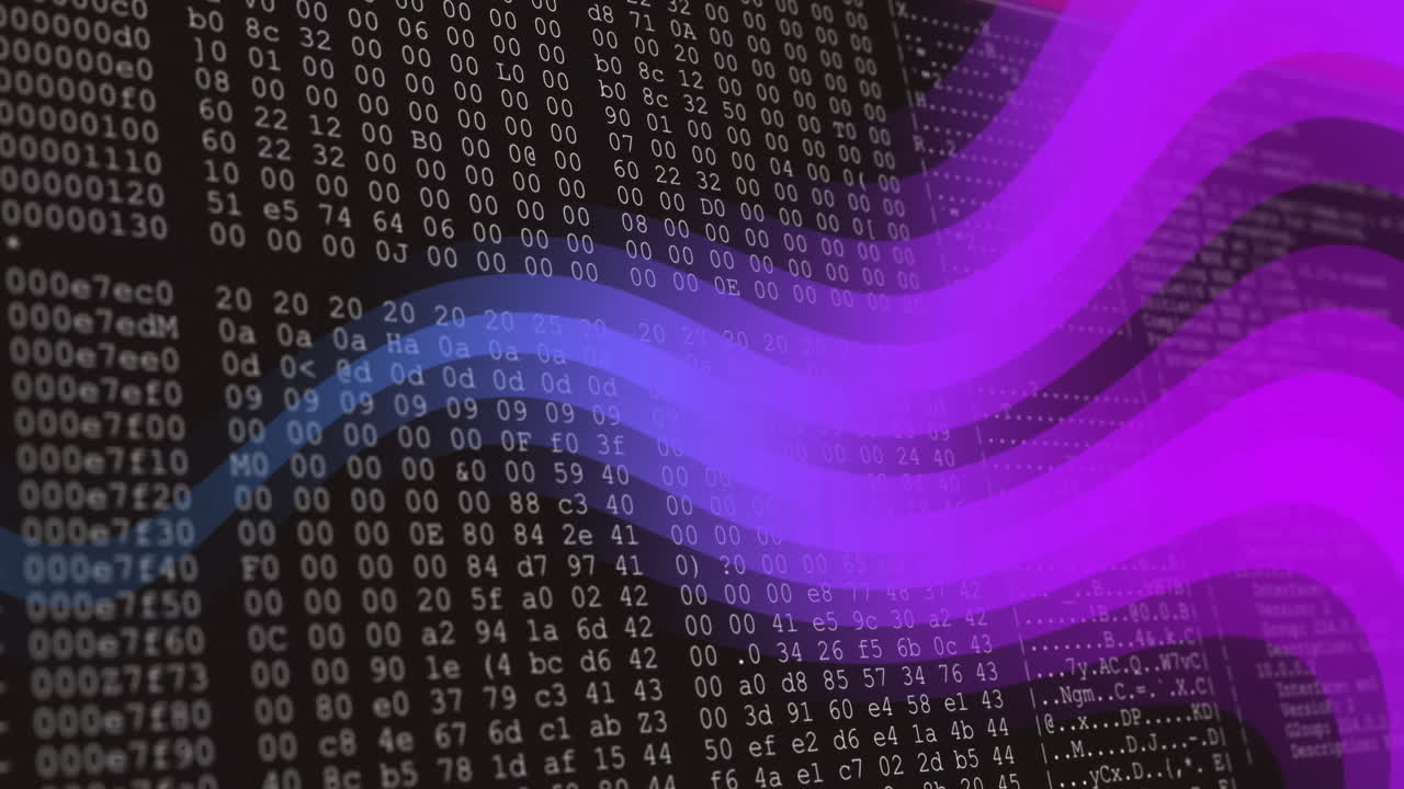 Binary code and data processing animation over digital screen with purple highlights