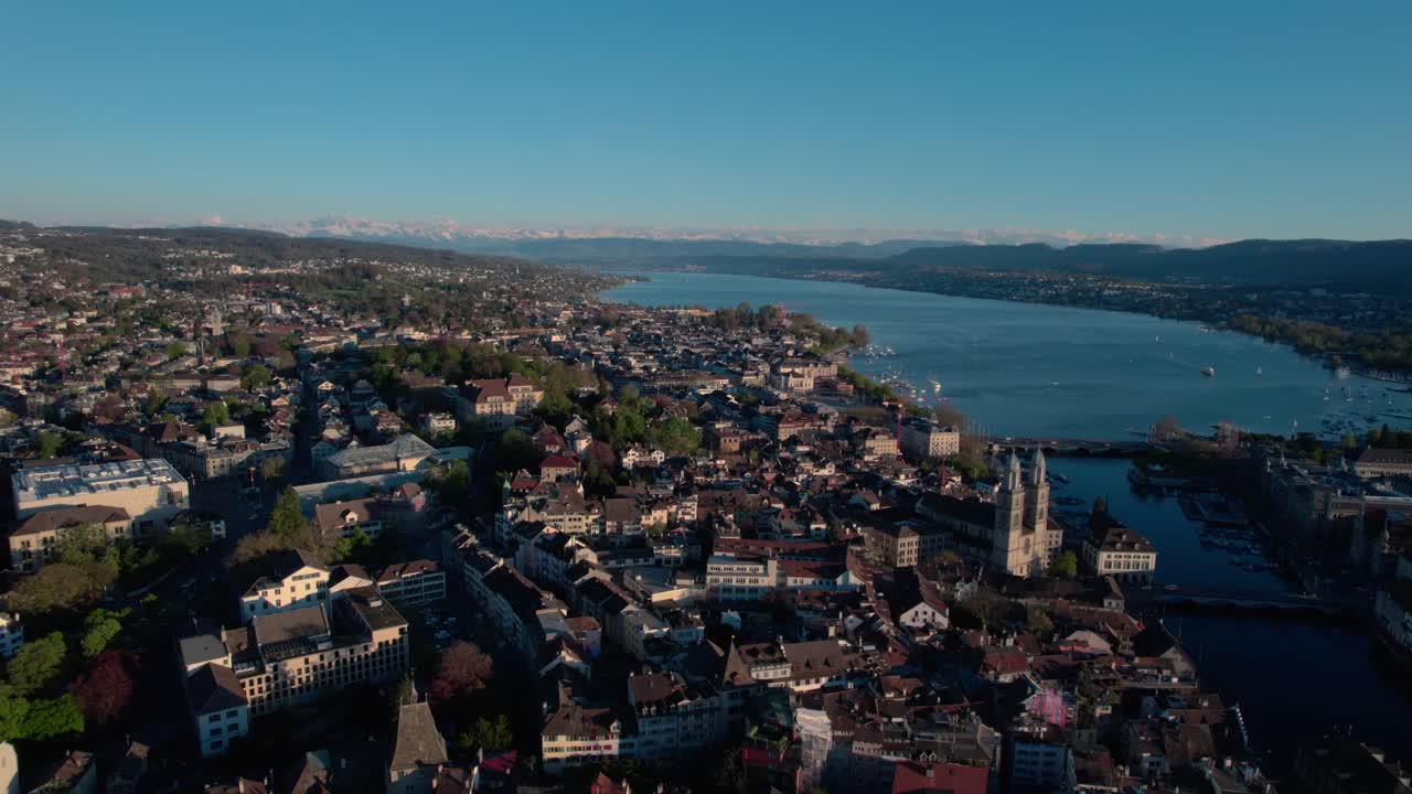 asombrosa vista panorámica del paisaje urbano de drones aéreos de zurich, suiza, día