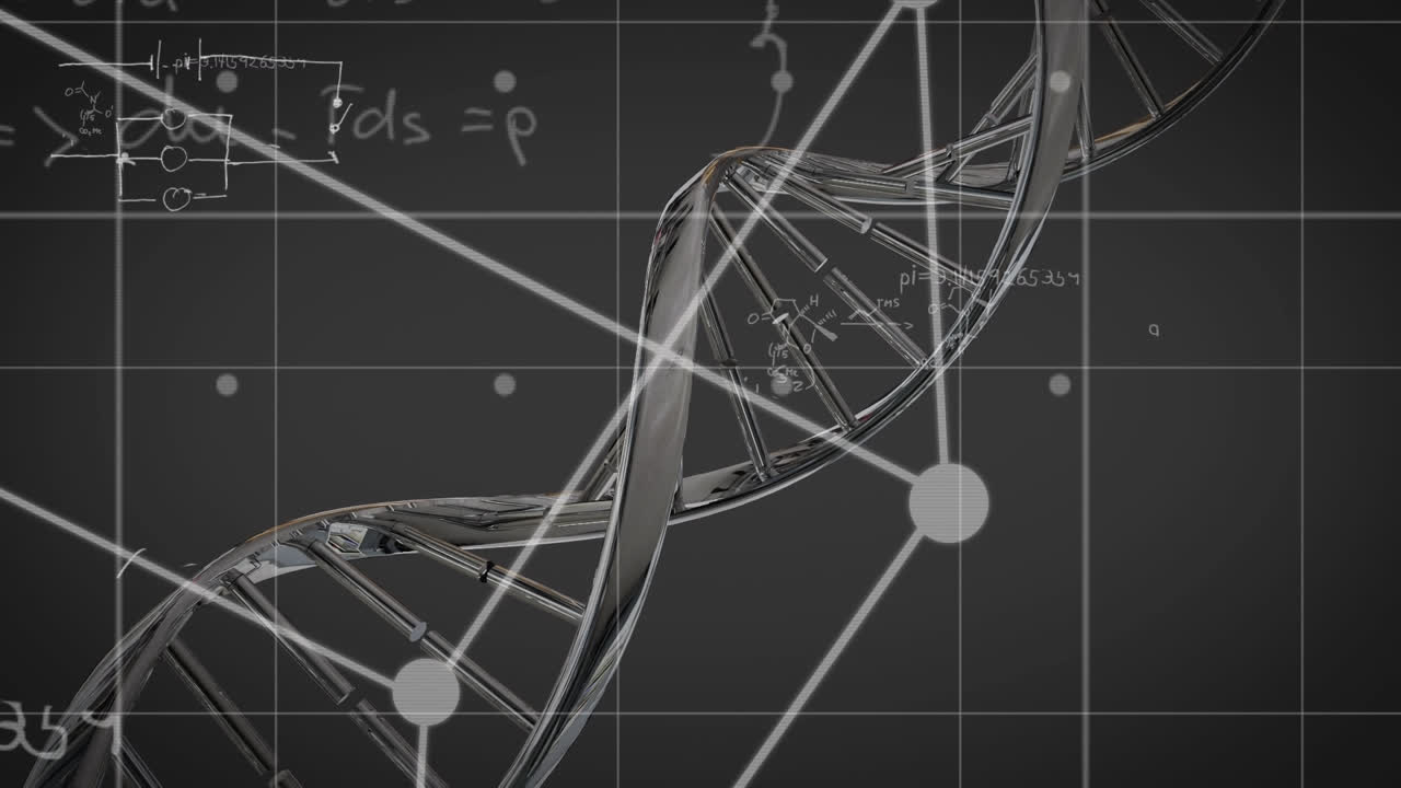 검은색 배경에 수학적 방정식 위에 색 모양과 dna 가닥의 애니메이션