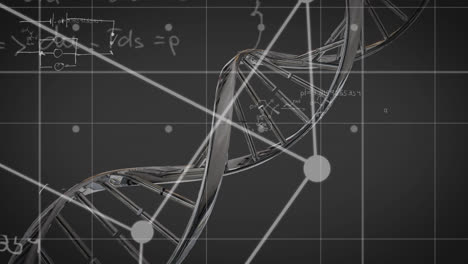 animation of white shapes and dna strand over mathematical equations on black background