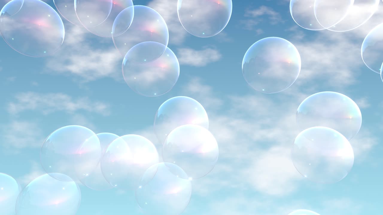 柔らかな白い雲が浮かぶ晴れた青空を、玉虫色のシャボン玉が水平に漂う