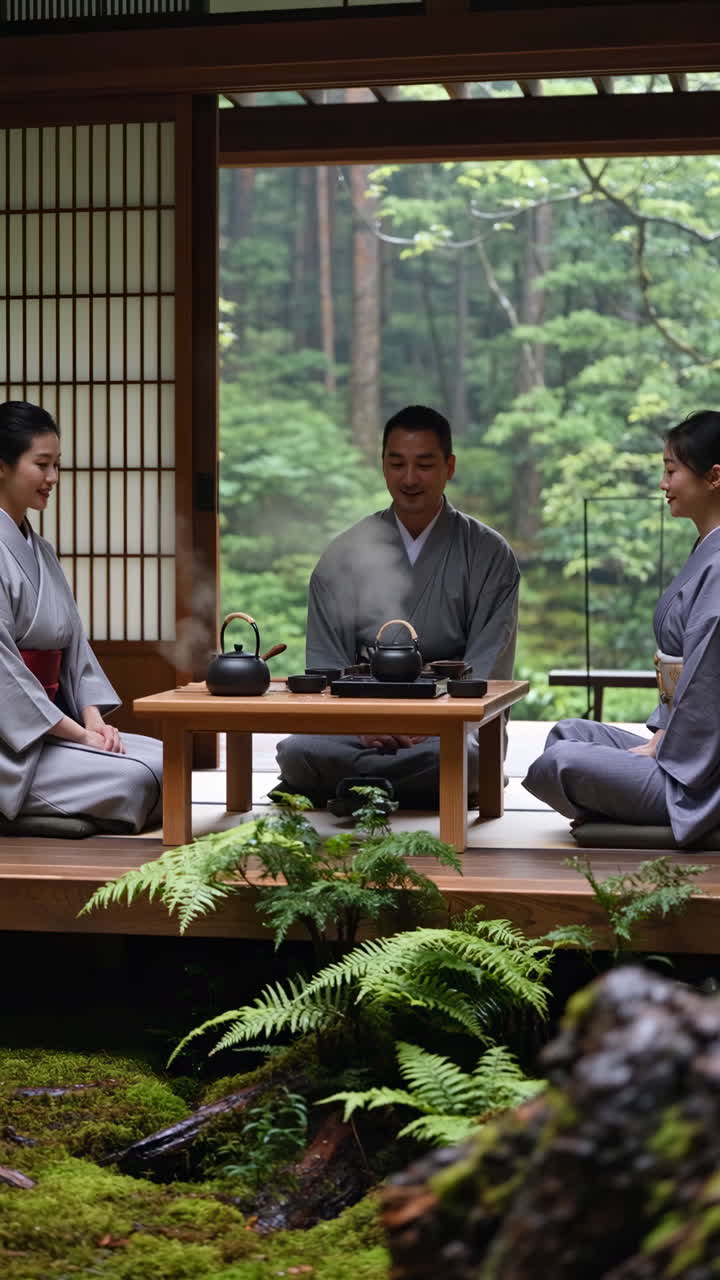 Upacara Minum Teh Tradisional Jepang di Lingkungan Taman yang Tenang