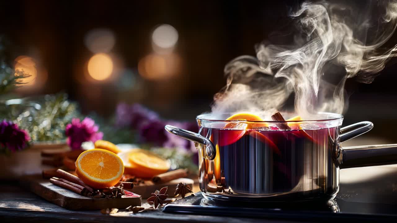A steaming pot of aromatic beverage with slices of orange and cinnamon sticks, creating a warm atmosphere filled with vibrant colors and enticing scents, perfect for cozy gatherings and festive occasions