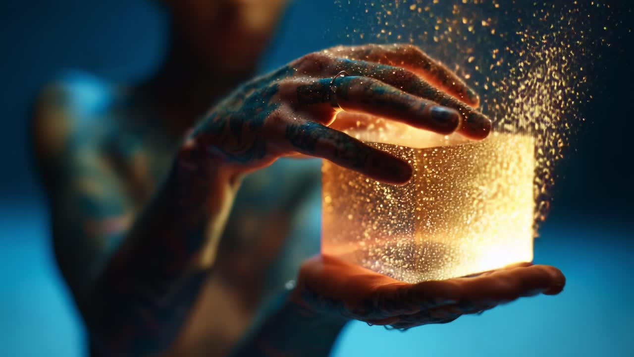 A mesmerizing moment as a tattooed hand gently hovers over a glowing, sparkling cube, capturing the enchanting play of light and dust in a mystical atmosphere