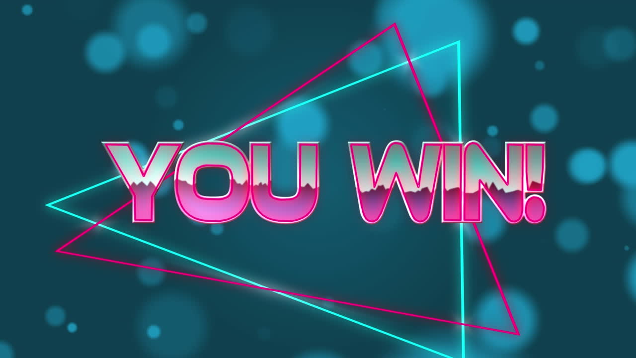 Animation of you win text over light spots on blue background