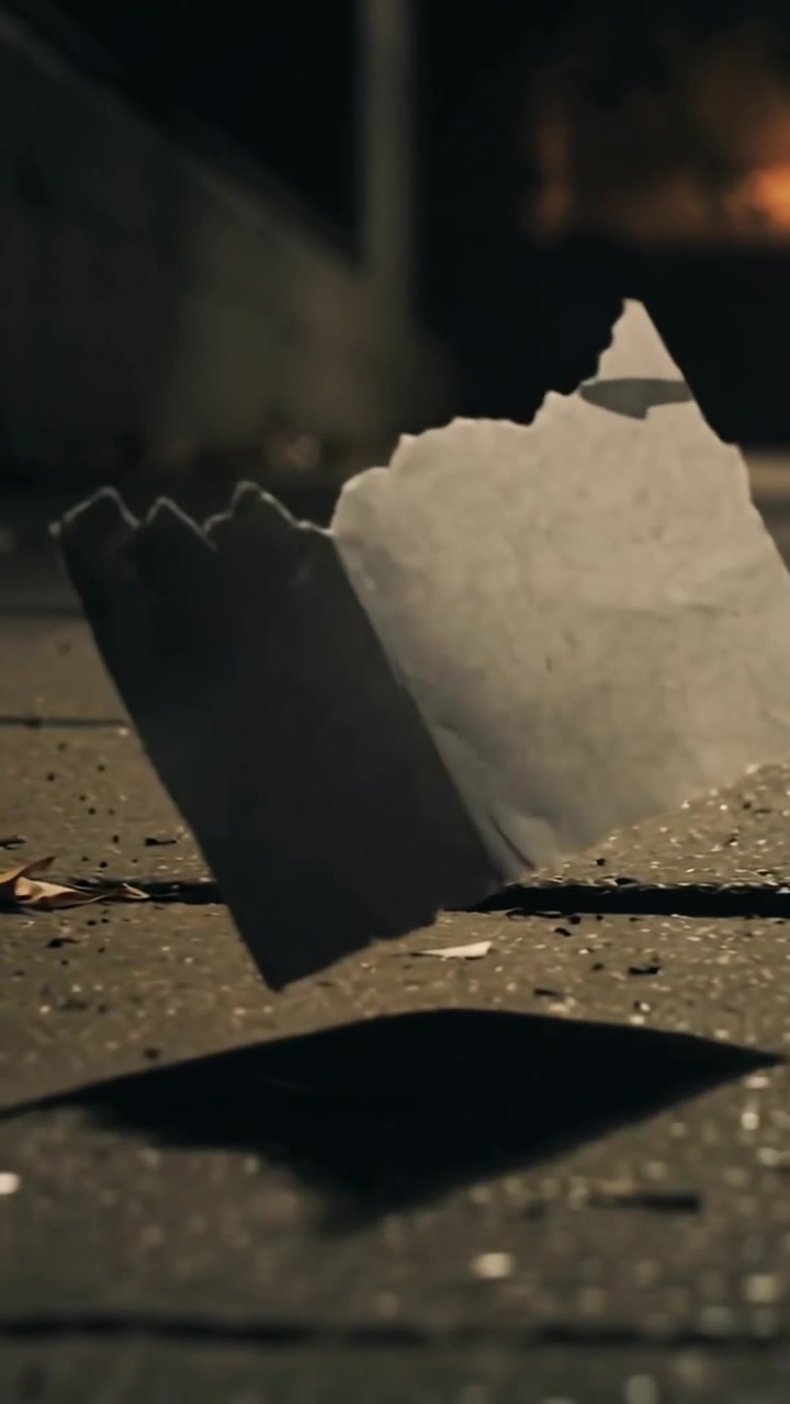 Video verticale: Brezza che solleva un pezzo di carta strappato sul marciapiede notturno, capovolgendosi, appoggiandosi e fermandosi.