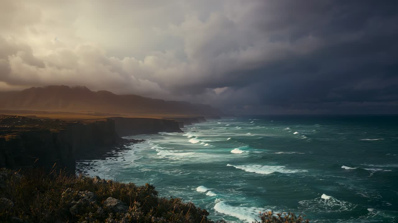 Bathing bluff shrubs in golden light by mountain range, ocean waves crashing under storm clouds