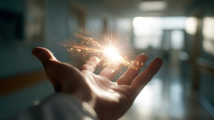 Light spark emerges from an open hand in a hospital hallway