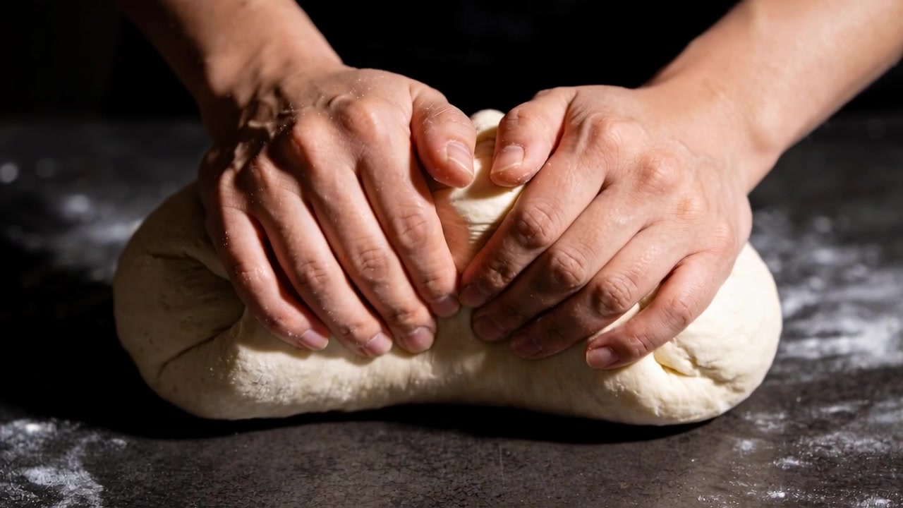 Braccia nude che posizionano, piegano e pizzicano l'impasto del pane su un bancone scuro infarinato, modellando una pagnotta per la lievitazione.