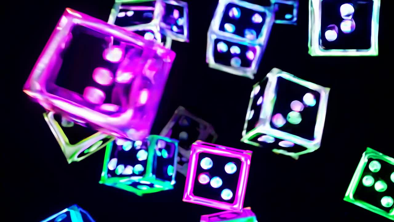 Svævende neonterninger optaget fra en lav vinkel, der skaber en dynamisk, glødende videoeffekt