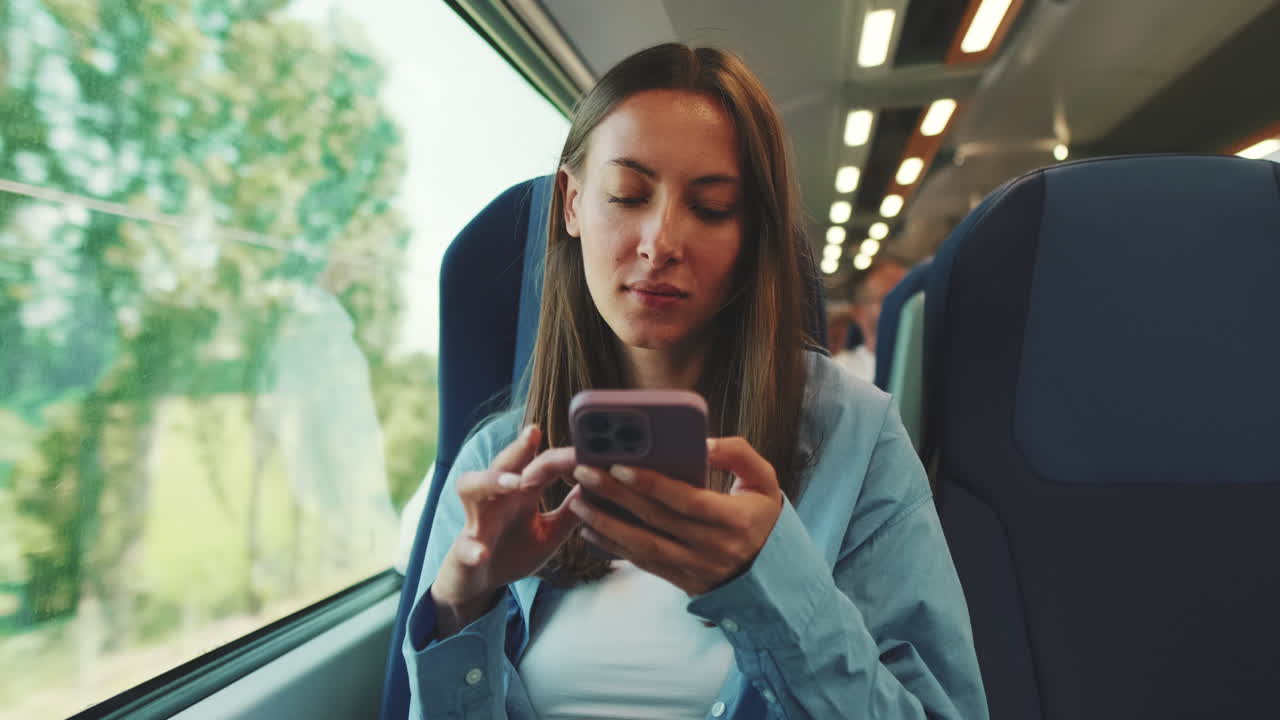 Young Woman Using Smartphone While Traveling by Train