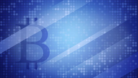 blue corporate business background with bitcoin symbol. dynamic motion gradient lines and flashing dots. looped animation. copy space.