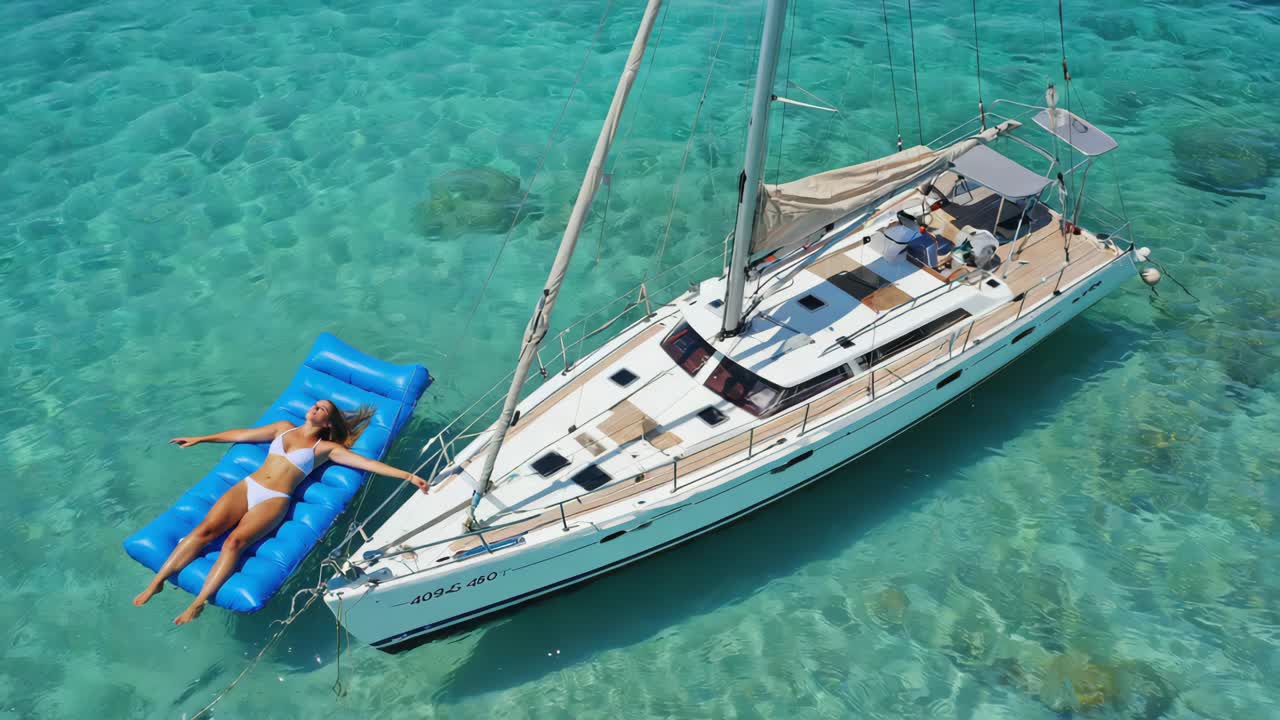 Woman relaxing on inflatable raft near sailboat in tropical waters