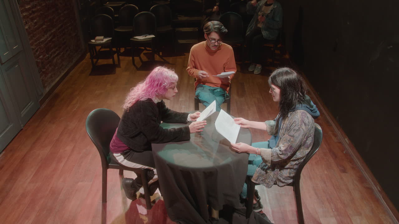 Two Actresses Having a Rehearsal with Stage Director in a Theater