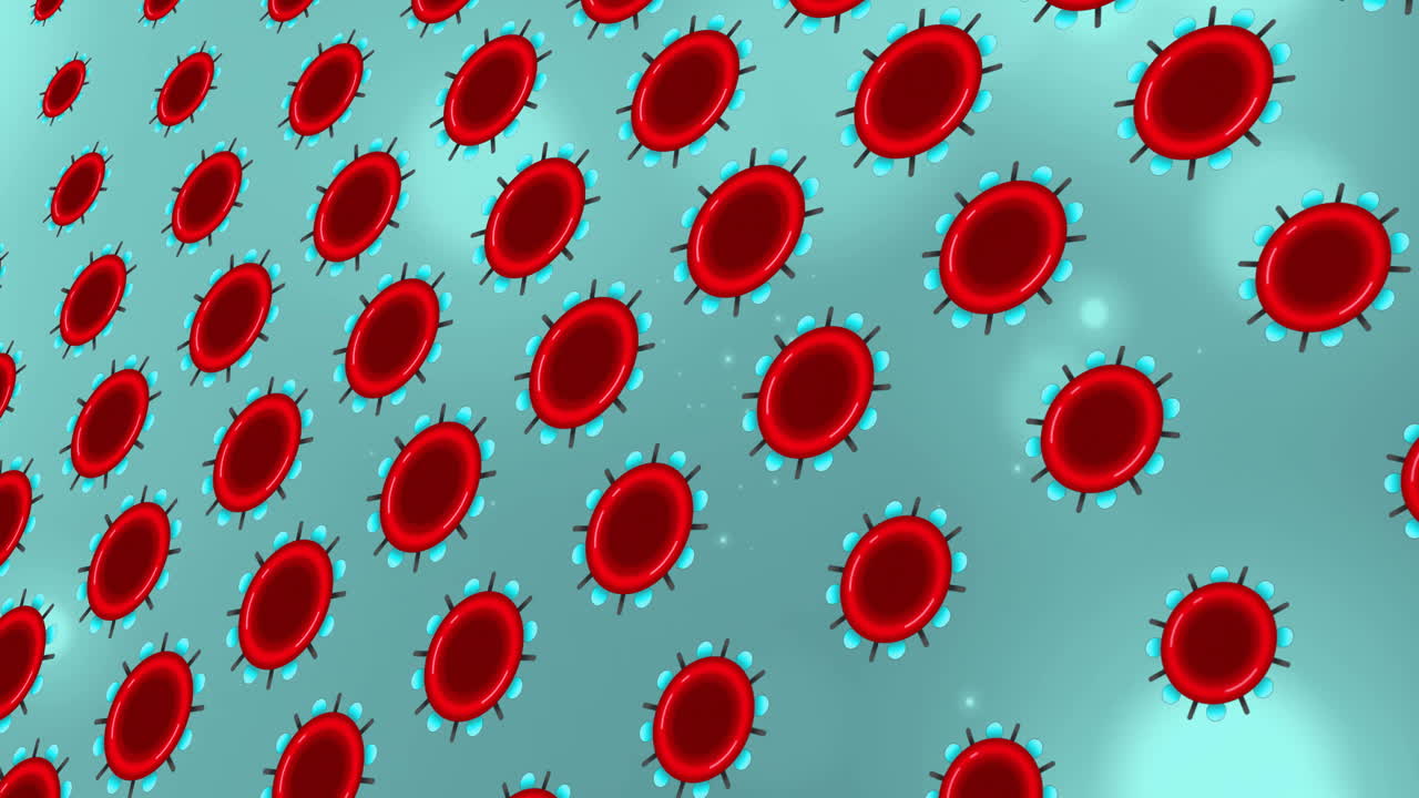 Animation of rotating red and blue roundels over blue bokeh lights on blue background