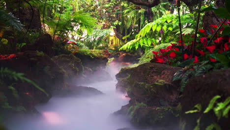 arroyo envuelto en niebla en el paraíso de la selva tropical con flores en flor