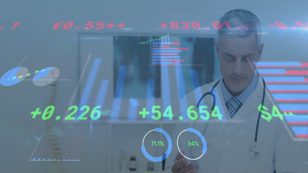 animación del procesamiento de datos financieros sobre un médico caucásico