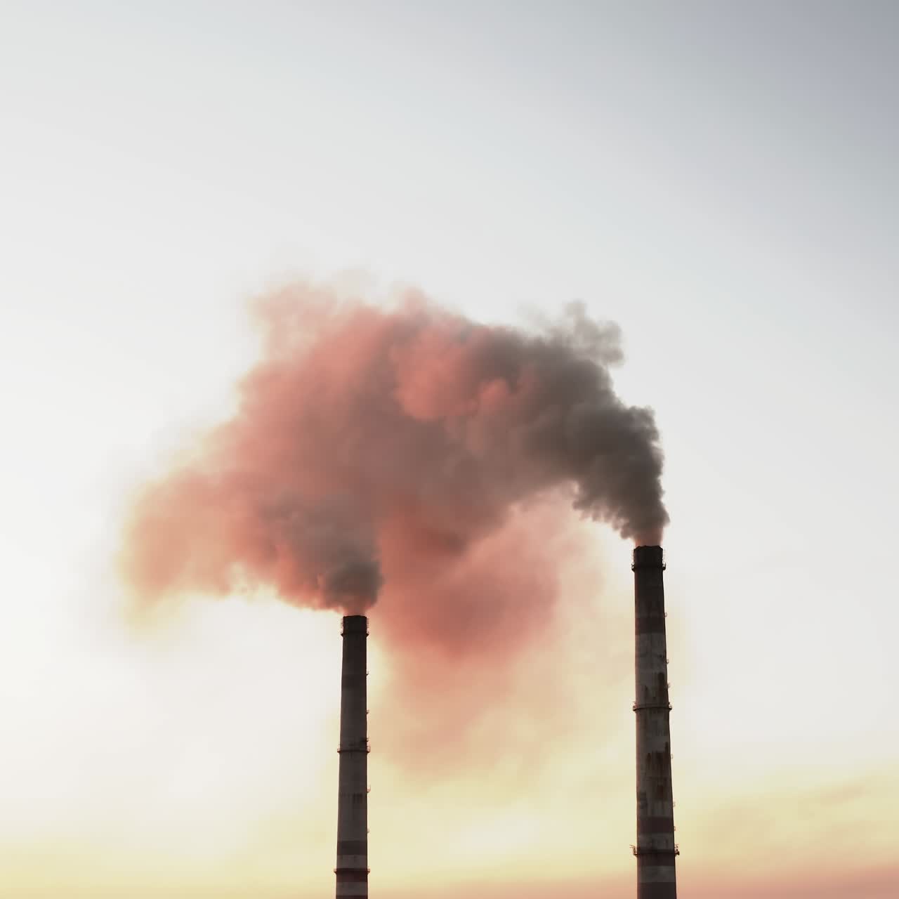 Thick smoke from chimneys against the evening sky. Industrial pipes with puffs of pink smoke at sunset. Chemical steam from factory pollute the environment. Climate change