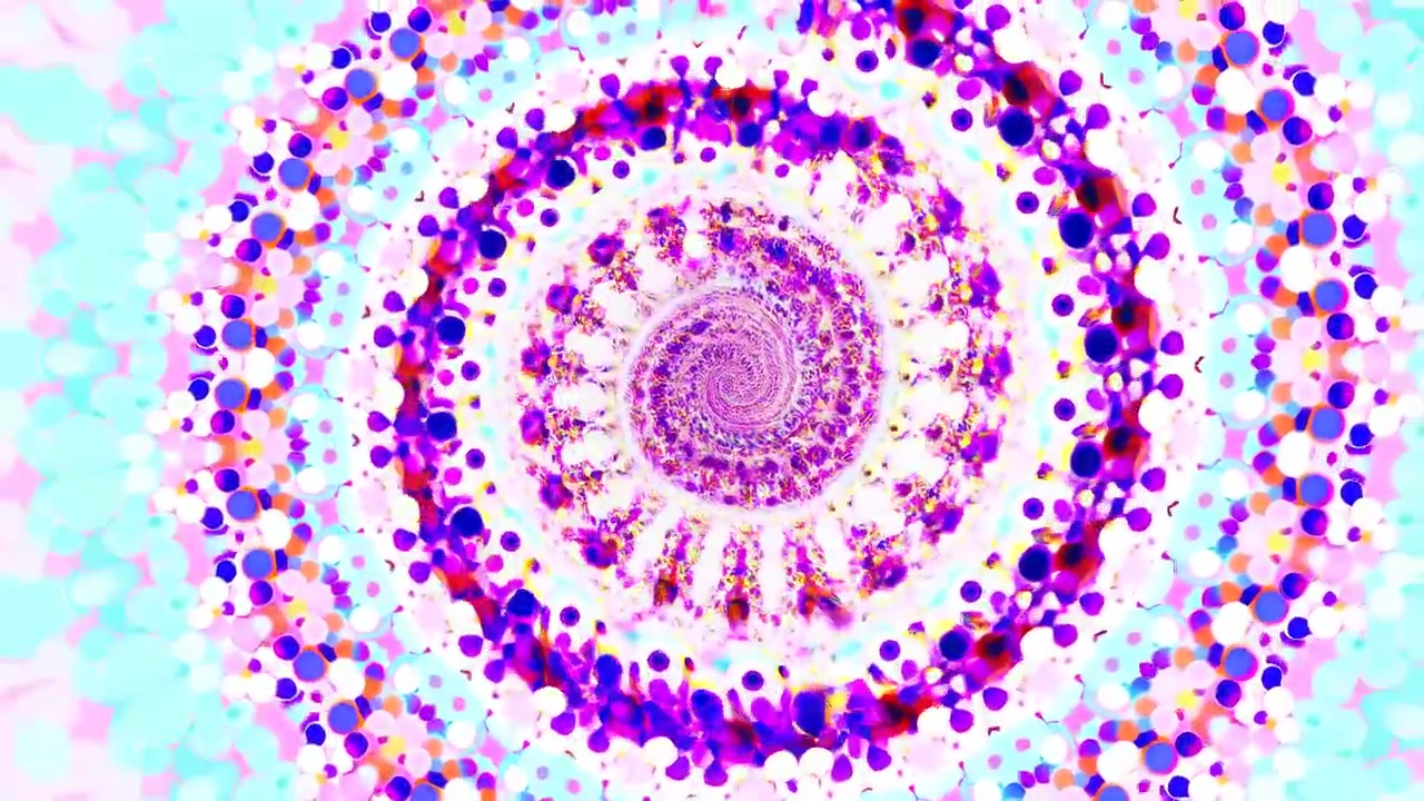 Spirale astratta animata di cerchi concentrici colorati e granuli che si espande da un nucleo stretto in una fioritura esterna, con simmetria luminosa, ritmo stratificato, contrasto vibrante e movimento decorativo.